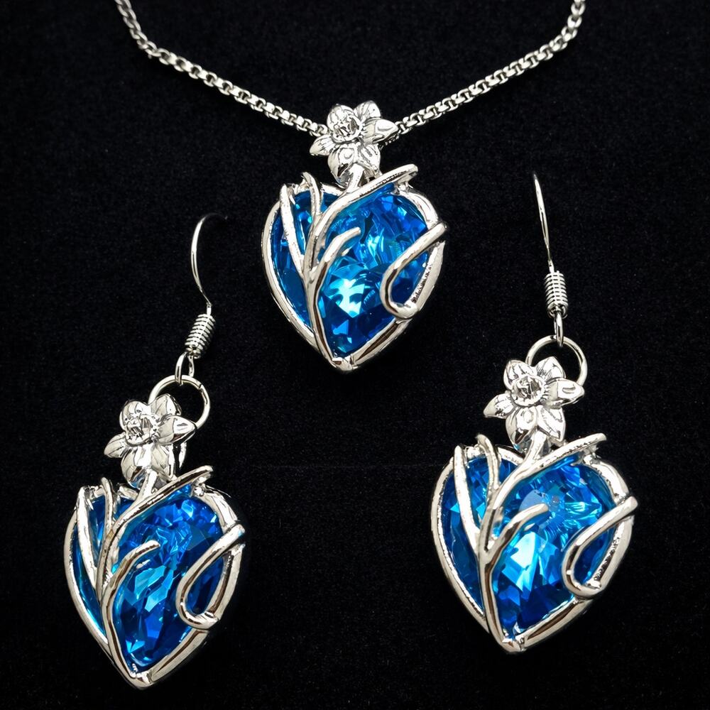 Blue + Silvertone Crystal Floral Necklace & Earring Set 17in Chain - Gift boxed